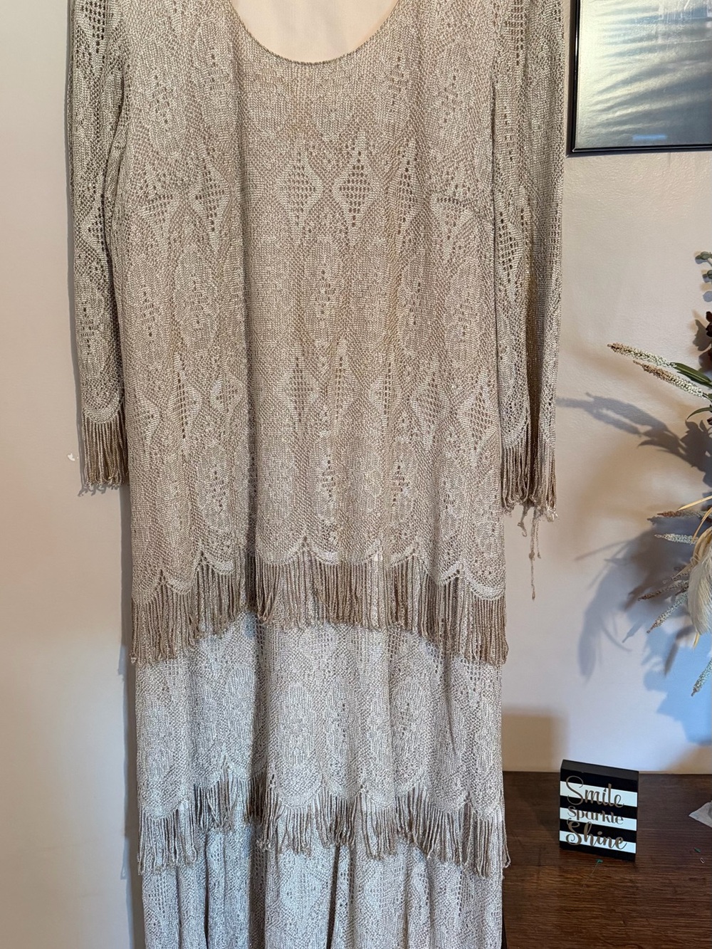 Onyx Nite beige/gold metallic fringe vintage inspired flapper dress